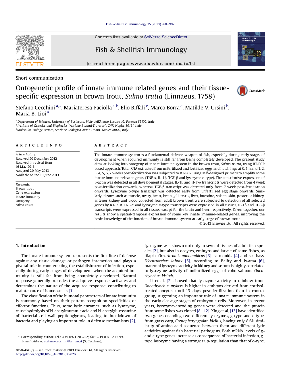 Ontogenetic profile of innate immune related genes and their tissue-specific expression in brown trout, Salmo trutta (Linnaeus, 1758)