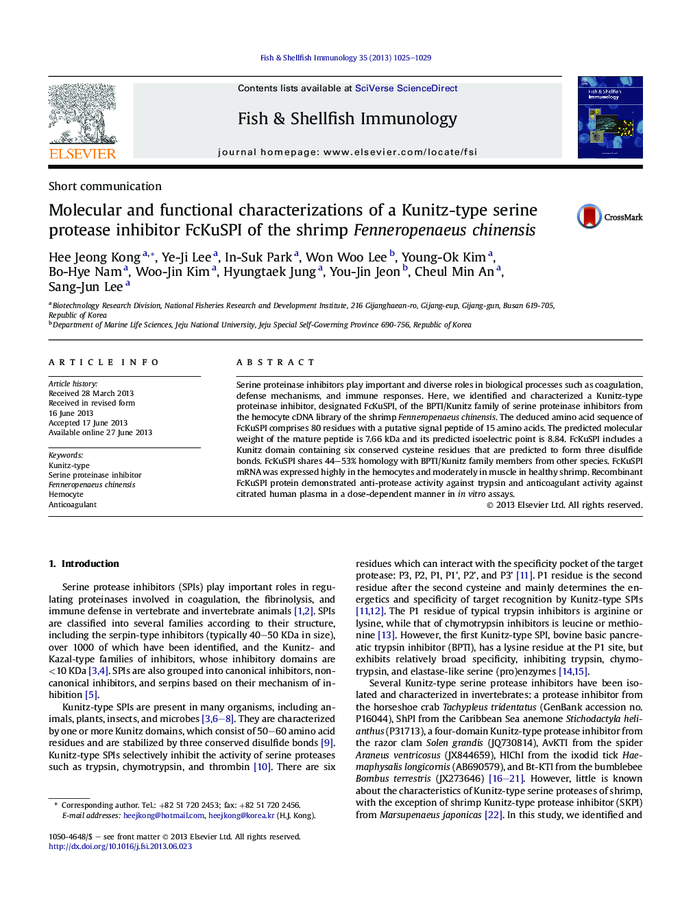 Molecular and functional characterizations of a Kunitz-type serine protease inhibitor FcKuSPI of the shrimp Fenneropenaeus chinensis