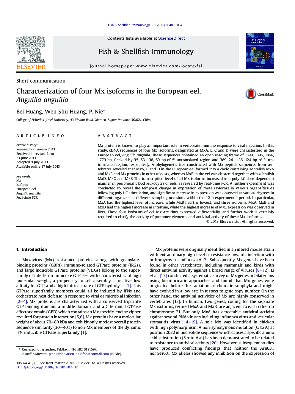 Characterization of four Mx isoforms in the European eel, AnguillaÂ anguilla