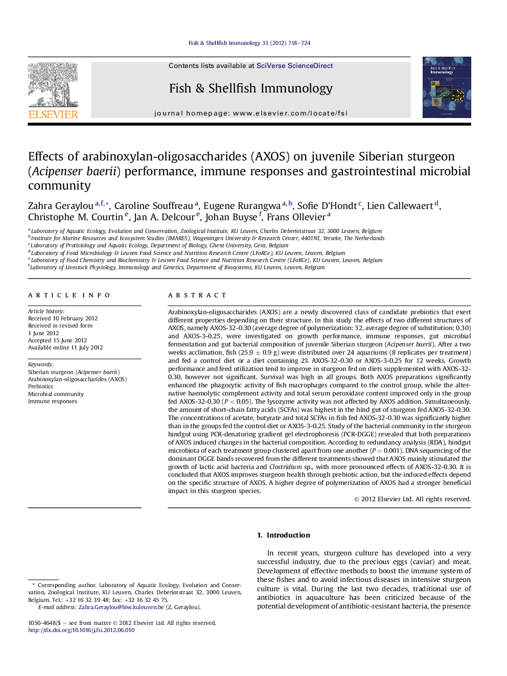 Effects of arabinoxylan-oligosaccharides (AXOS) on juvenile Siberian sturgeon (Acipenser baerii) performance, immune responses and gastrointestinal microbial community