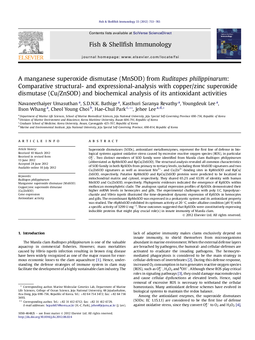 A manganese superoxide dismutase (MnSOD) from Ruditapes philippinarum: Comparative structural- and expressional-analysis with copper/zinc superoxide dismutase (Cu/ZnSOD) and biochemical analysis of its antioxidant activities