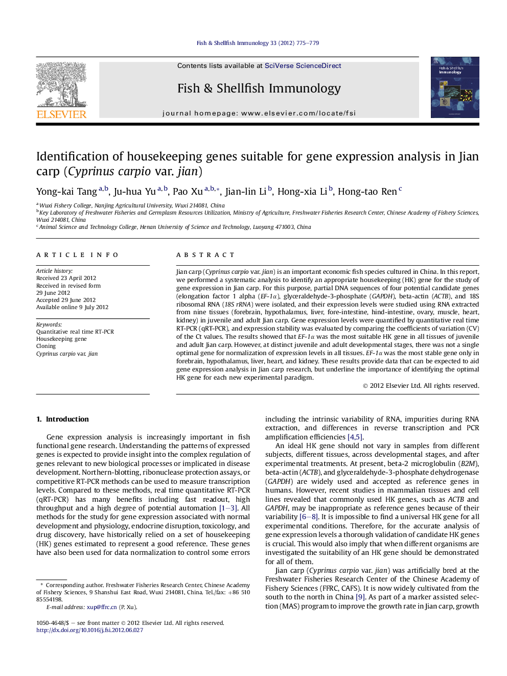 Identification of housekeeping genes suitable for gene expression analysis in Jian carp (Cyprinus carpio var. jian)