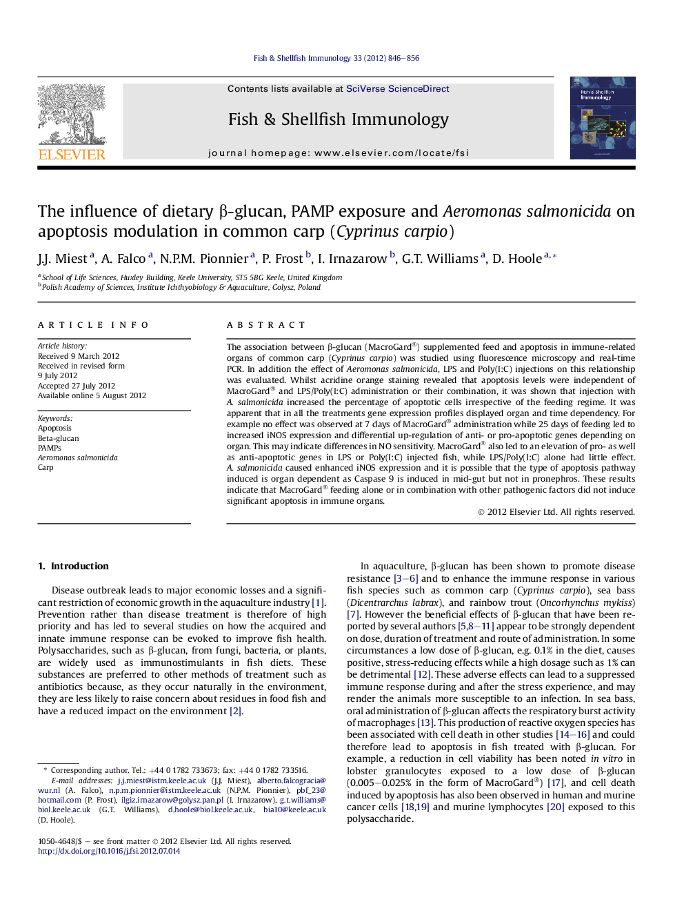 The influence of dietary Î²-glucan, PAMP exposure and Aeromonas salmonicida on apoptosis modulation in common carp (Cyprinus carpio)