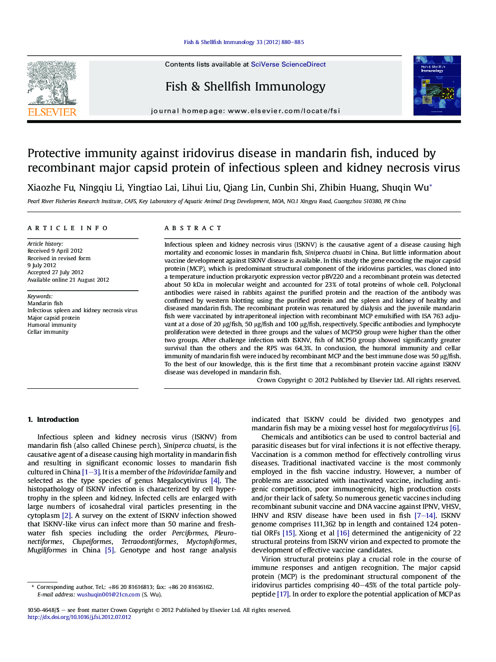 Protective immunity against iridovirus disease in mandarin fish, induced by recombinant major capsid protein of infectious spleen and kidney necrosis virus