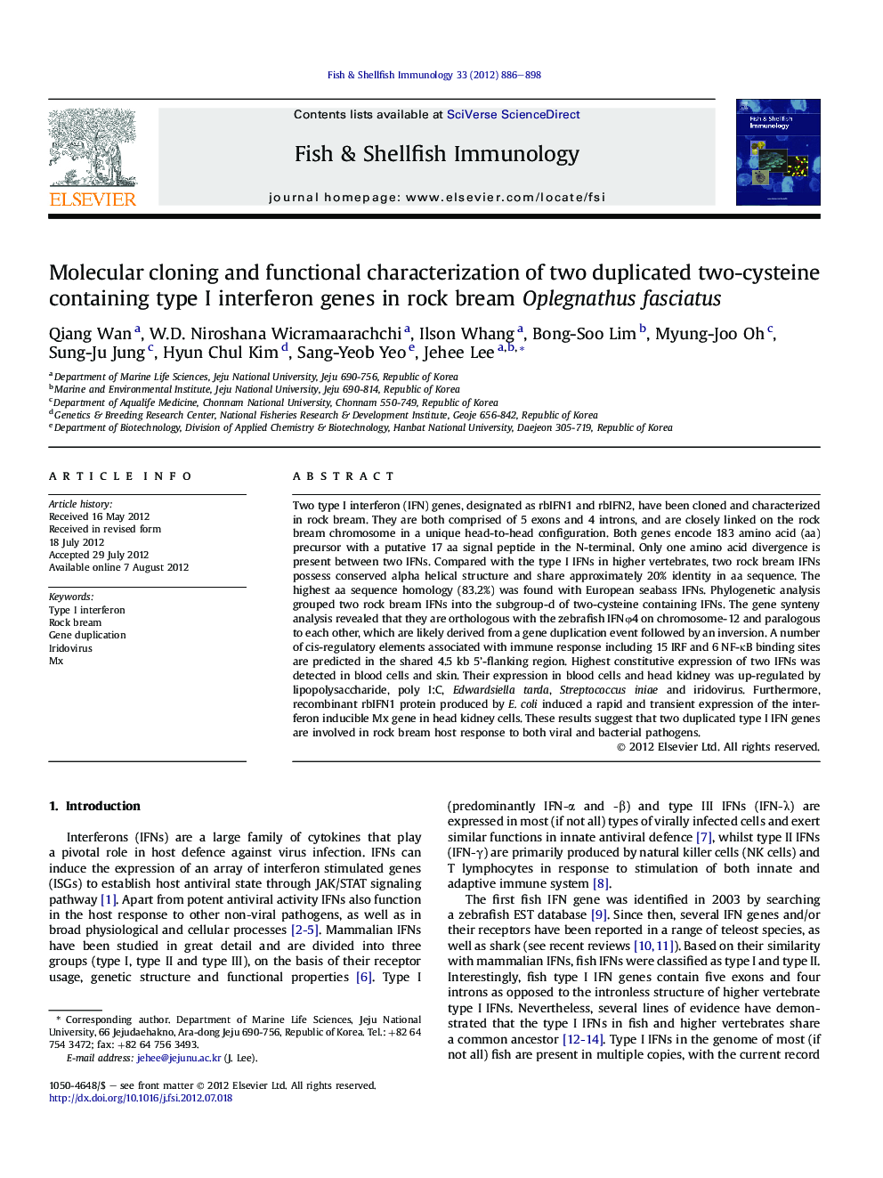 Molecular cloning and functional characterization of two duplicated two-cysteine containing type I interferon genes in rock bream Oplegnathus fasciatus