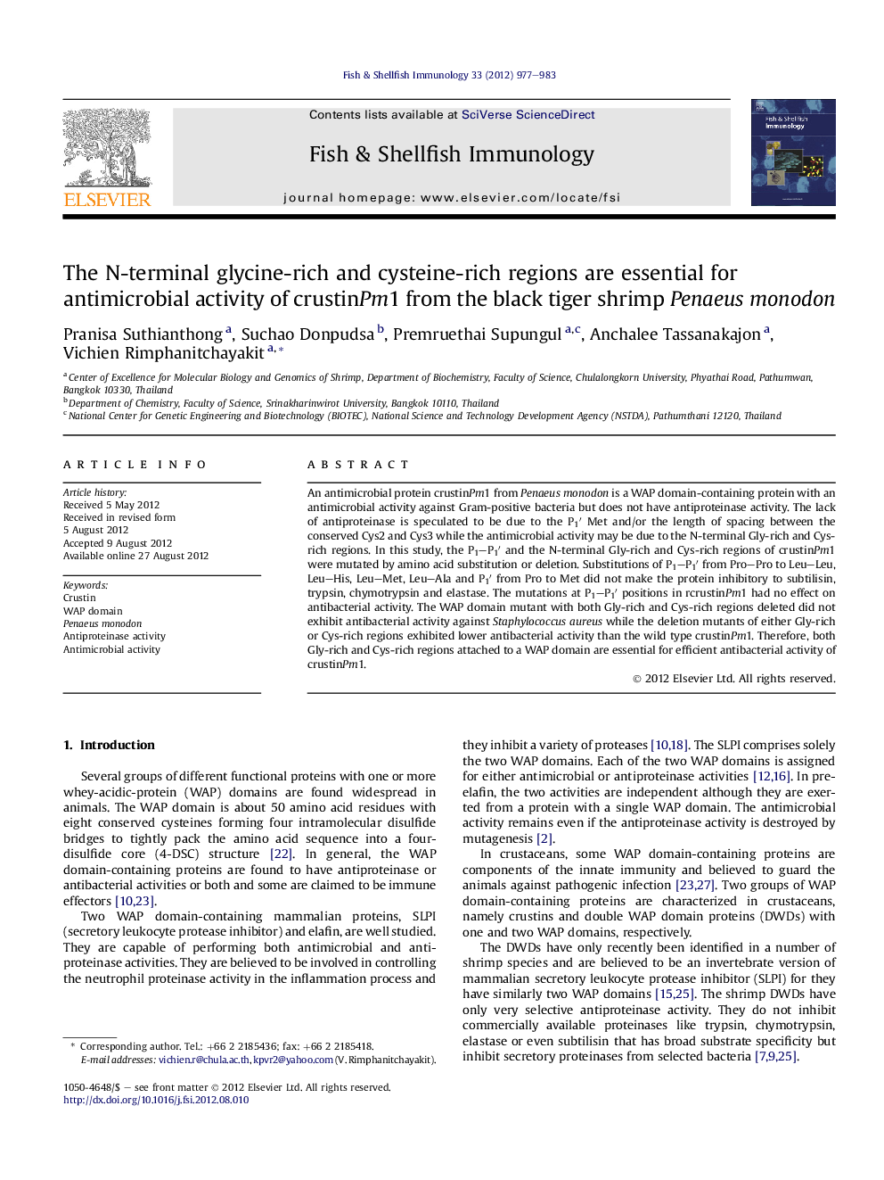 The N-terminal glycine-rich and cysteine-rich regions are essential for antimicrobial activity of crustinPm1 from the black tiger shrimp Penaeus monodon