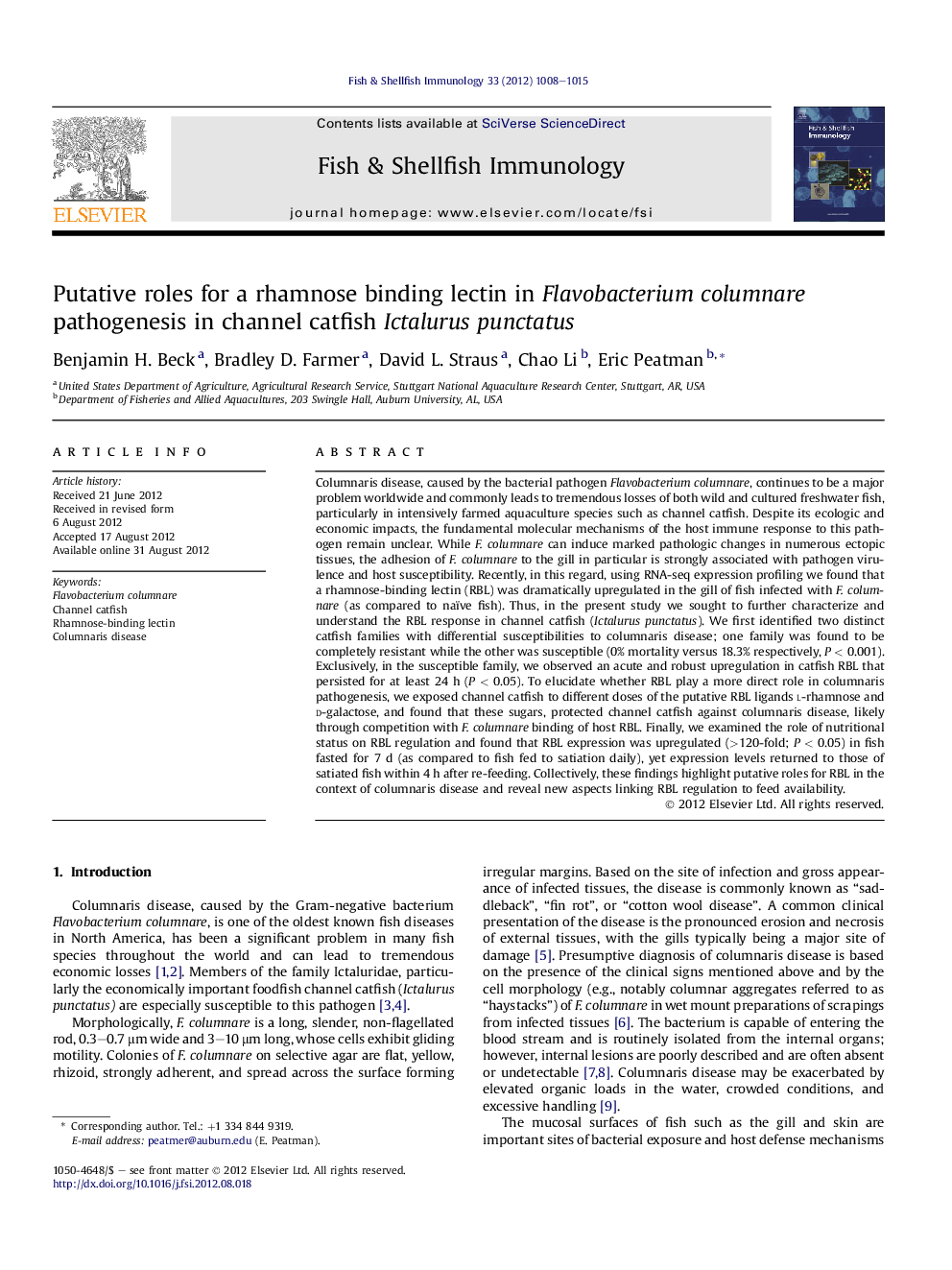 Putative roles for a rhamnose binding lectin in Flavobacterium columnare pathogenesis in channel catfish Ictalurus punctatus