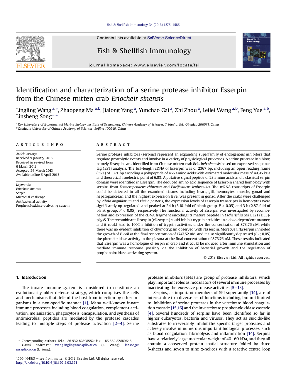 Identification and characterization of a serine protease inhibitor Esserpin from the Chinese mitten crab Eriocheir sinensis