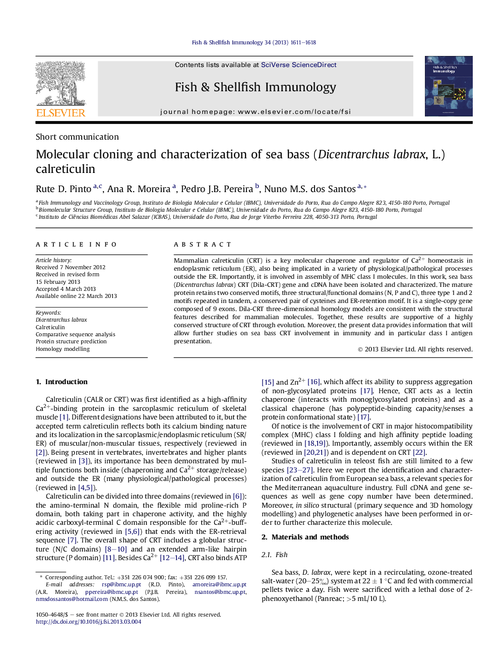 Molecular cloning and characterization of sea bass (Dicentrarchus labrax, L.) calreticulin