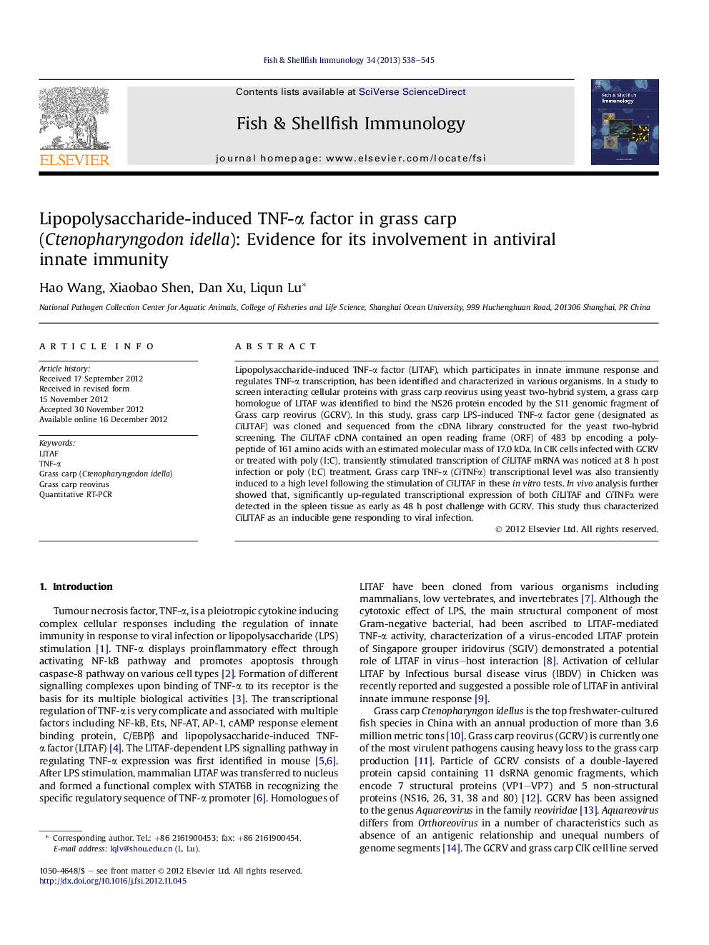 Lipopolysaccharide-induced TNF-Î± factor in grass carp (Ctenopharyngodon idella): Evidence for its involvement in antiviral innate immunity