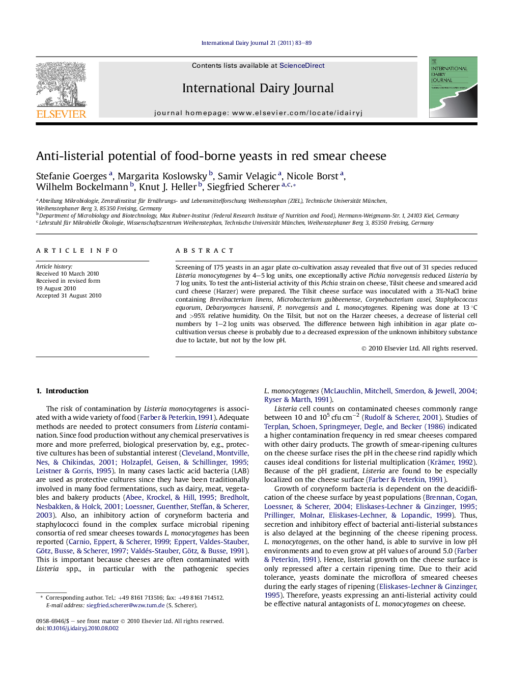 Anti-listerial potential of food-borne yeasts in red smear cheese