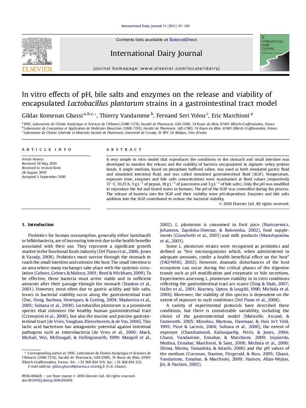 In vitro effects of pH, bile salts and enzymes on the release and viability of encapsulated Lactobacillus plantarum strains in a gastrointestinal tract model