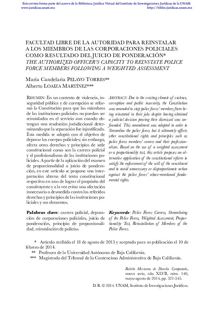 Facultad libre de la autoridad para reinstalar a los miembros de las corporaciones policiales como resultado del juicio de ponderación