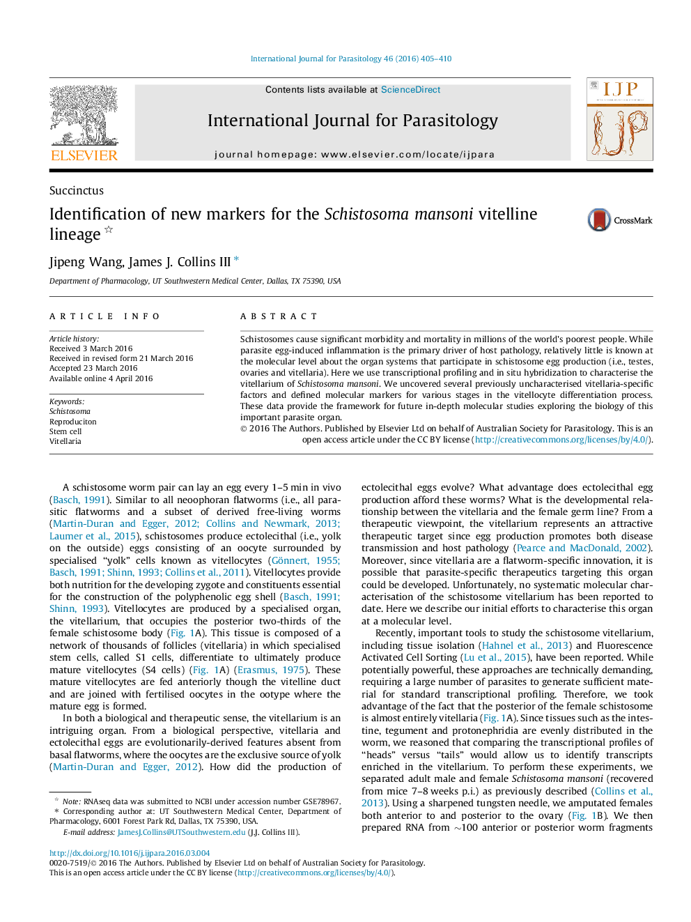 Identification of new markers for the Schistosoma mansoni vitelline lineage