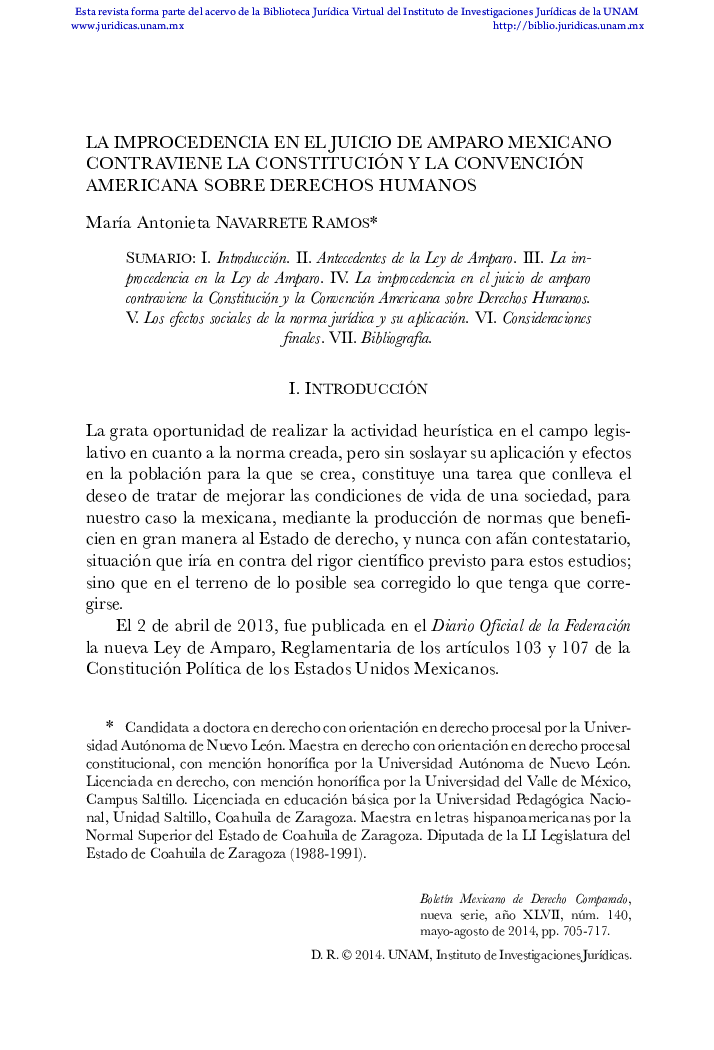 عکس صفحه اول مقاله: La improcedencia en el juicio de amparo mexicano contraviene la constitución y la convención americana sobre derechos humanos La improcedencia en el juicio de amparo mexicano contraviene la constitución y la convención americana sobre derechos humanos