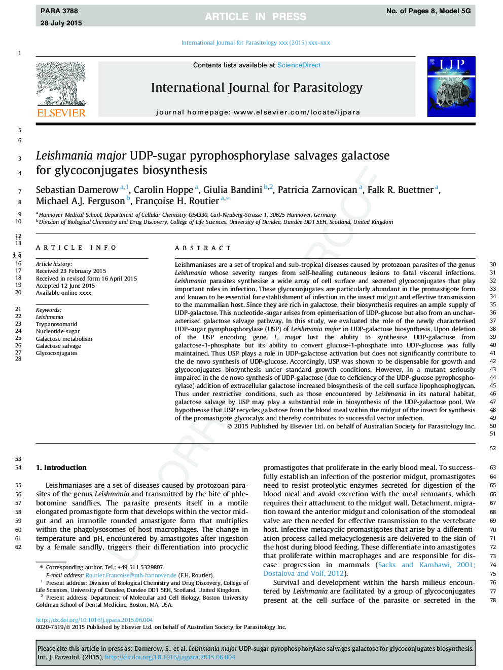 Leishmania major UDP-sugar pyrophosphorylase salvages galactose for glycoconjugate biosynthesis