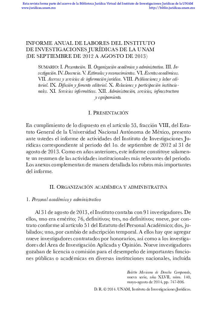 Informe Anual De Labores Del Instituto De Investigaciones JurÃ­dicas De La Unam (De Septiembre De 2012 A Agosto De 2013)