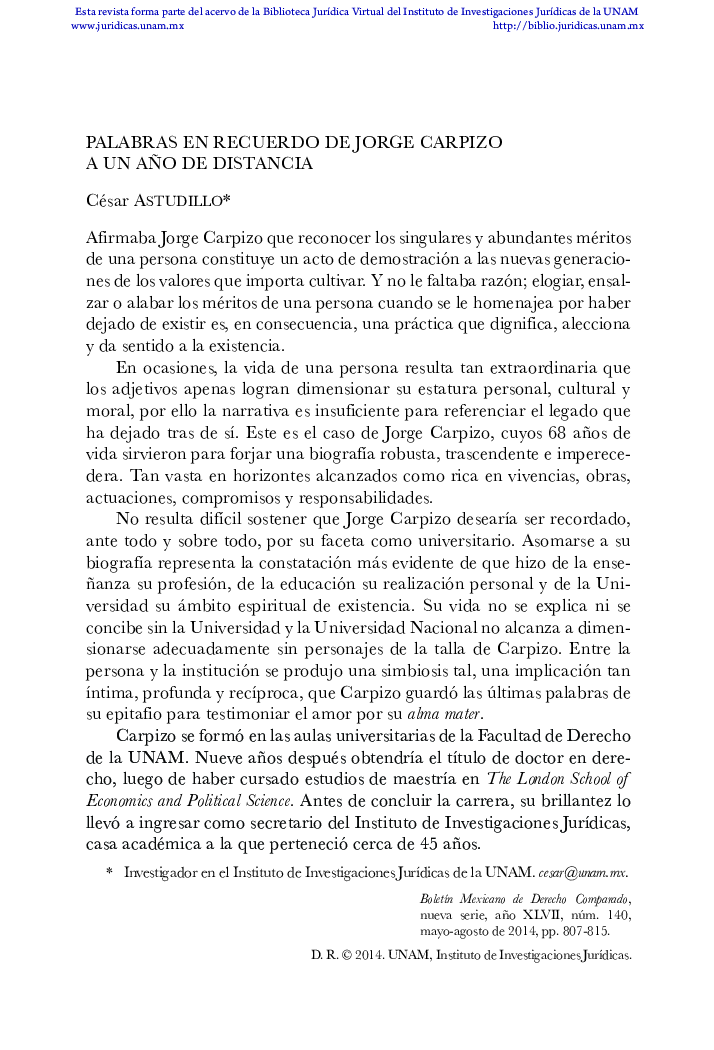 Palabras en recuerdo de jorge carpizo a un año de distancia