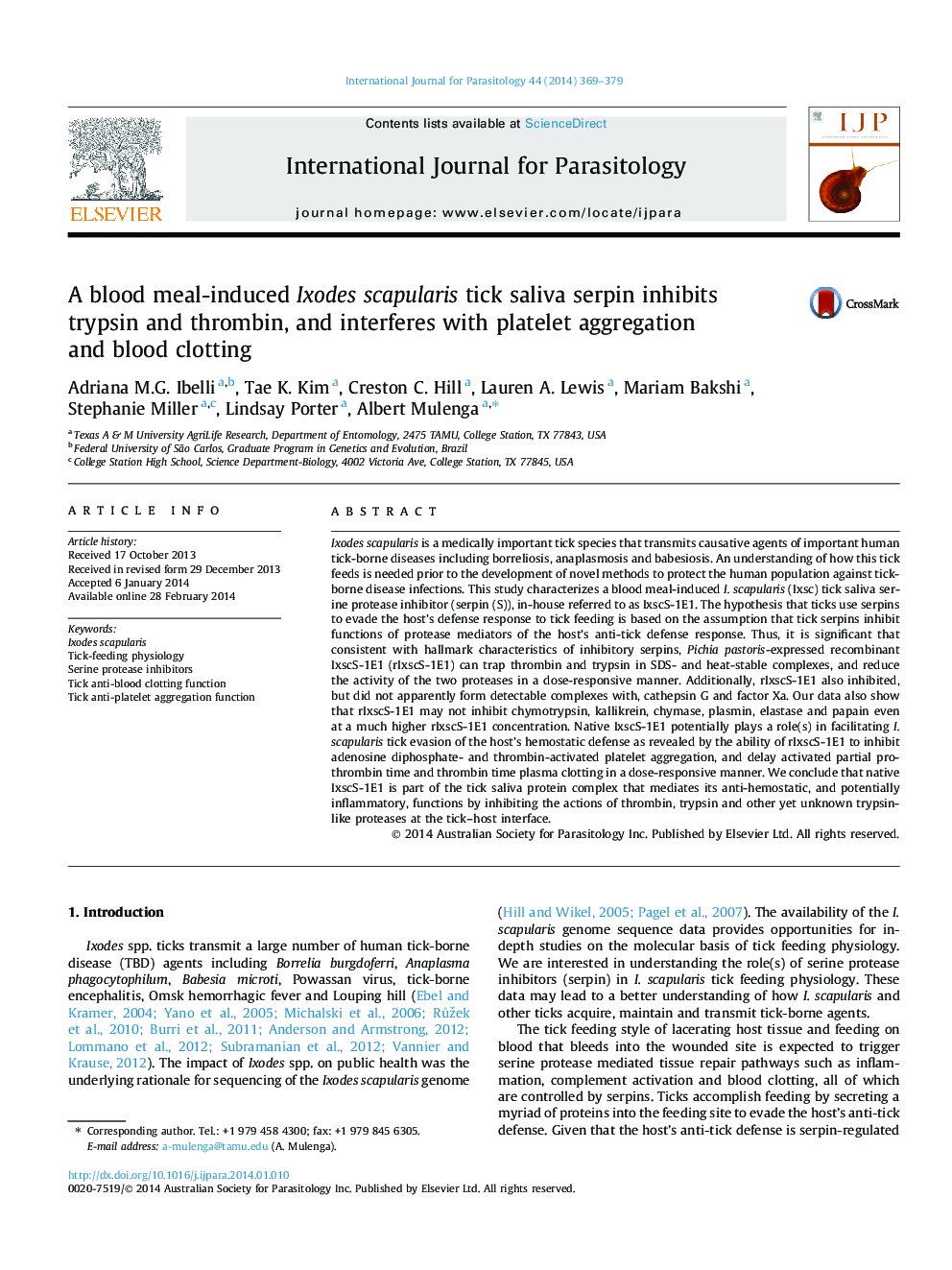 A blood meal-induced Ixodes scapularis tick saliva serpin inhibits trypsin and thrombin, and interferes with platelet aggregation and blood clotting