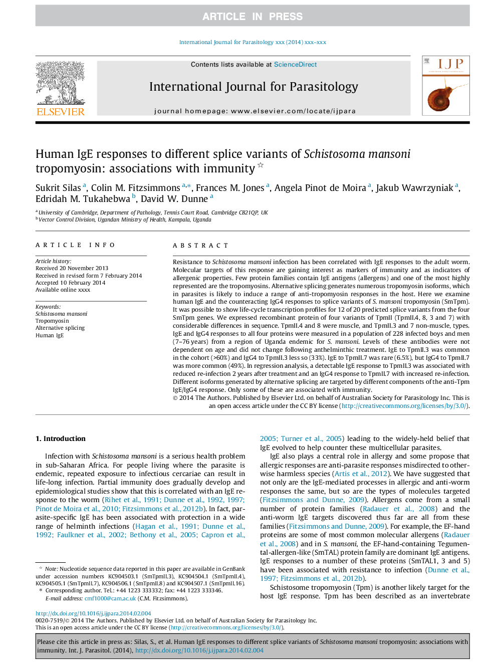 Human IgE responses to different splice variants of Schistosoma mansoni tropomyosin: associations with immunity