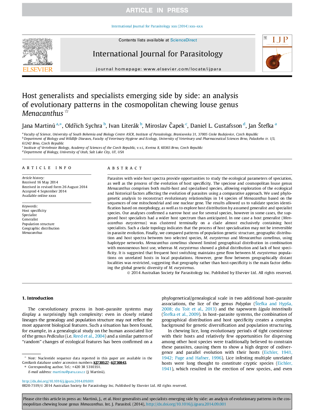 Host generalists and specialists emerging side by side: an analysis of evolutionary patterns in the cosmopolitan chewing louse genus Menacanthus