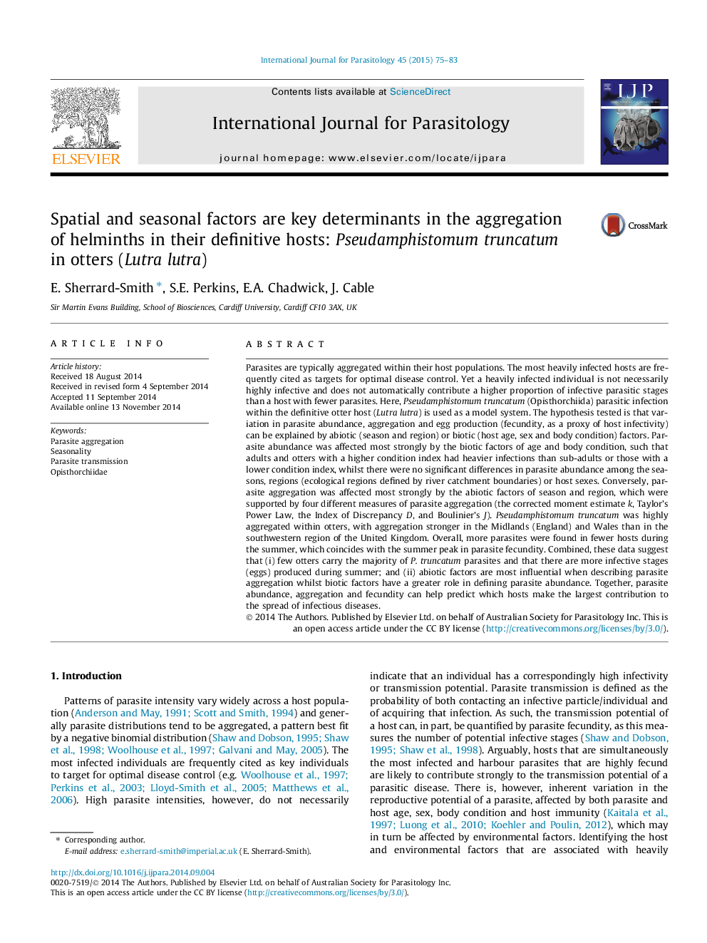 Spatial and seasonal factors are key determinants in the aggregation of helminths in their definitive hosts: Pseudamphistomum truncatum in otters (Lutra lutra)