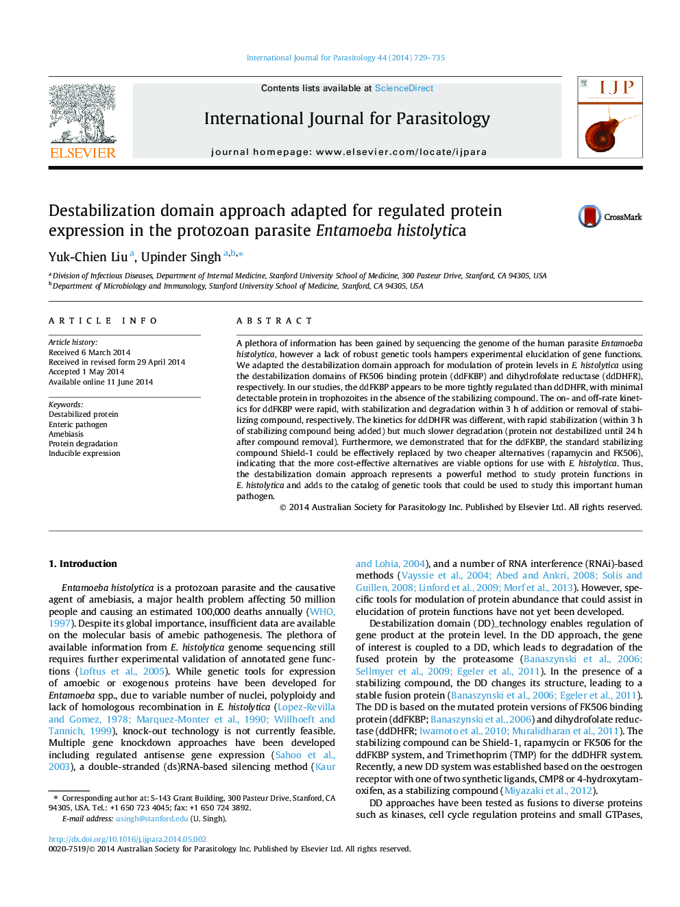 Destabilization domain approach adapted for regulated protein expression in the protozoan parasite Entamoeba histolytica