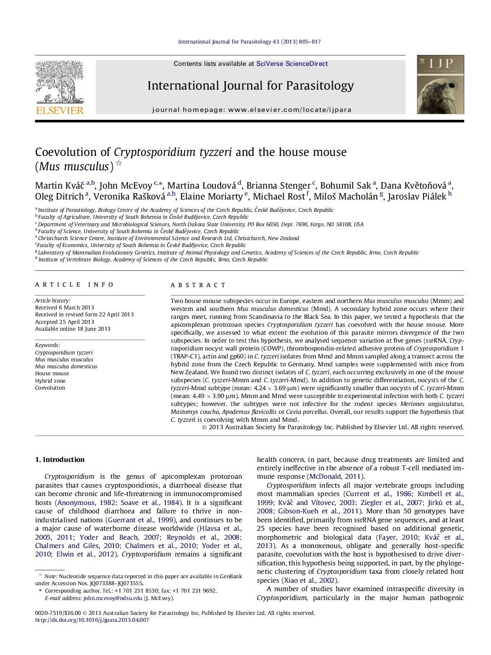 Coevolution of Cryptosporidium tyzzeri and the house mouse (Mus musculus)