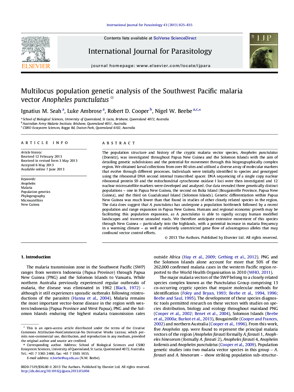 Multilocus population genetic analysis of the Southwest Pacific malaria vector Anopheles punctulatus