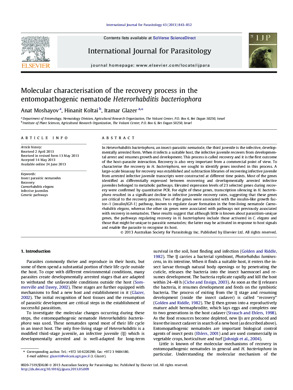 Molecular characterisation of the recovery process in the entomopathogenic nematode Heterorhabditis bacteriophora