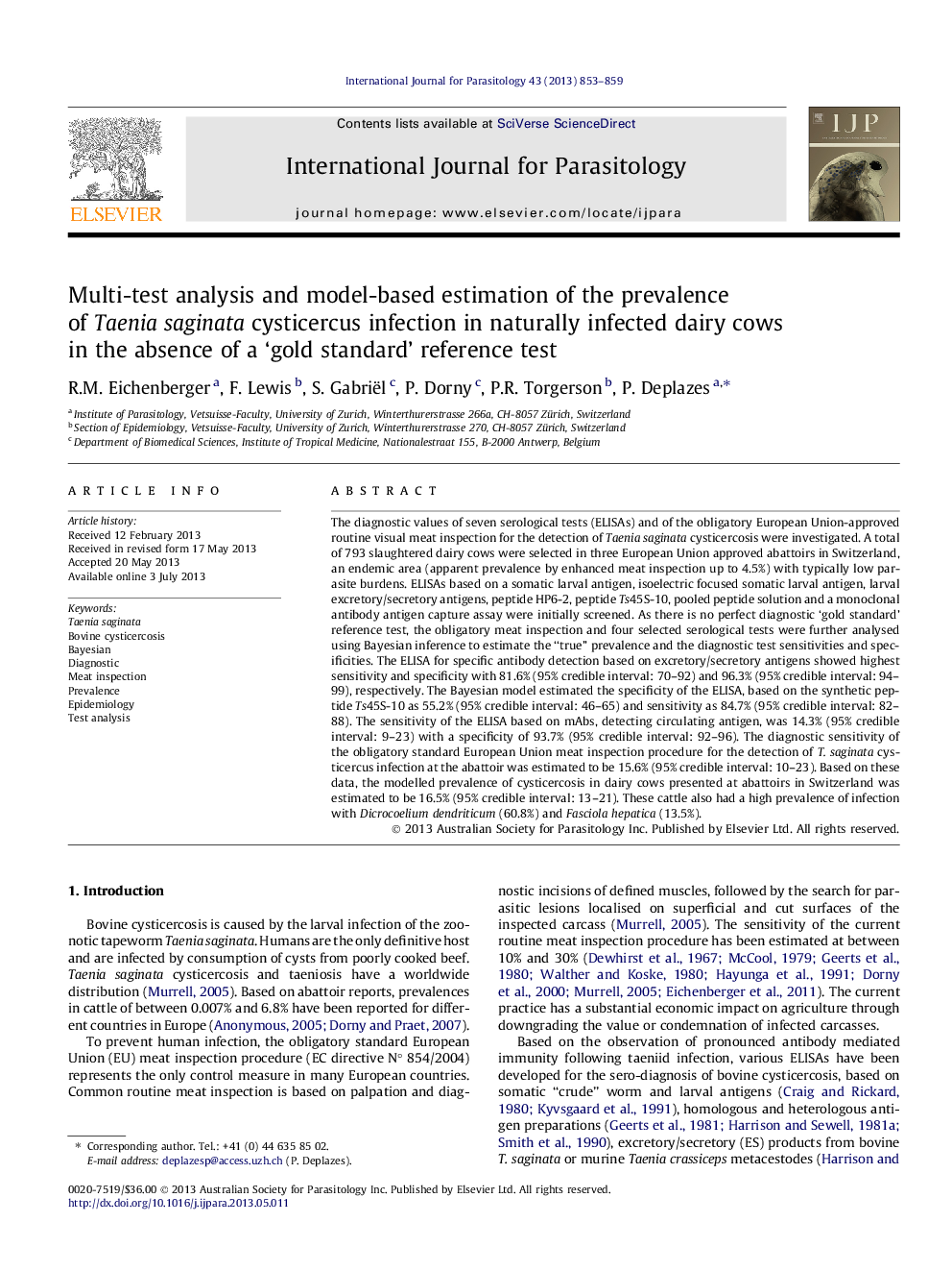 Multi-test analysis and model-based estimation of the prevalence of Taenia saginata cysticercus infection in naturally infected dairy cows in the absence of a 'gold standard' reference test