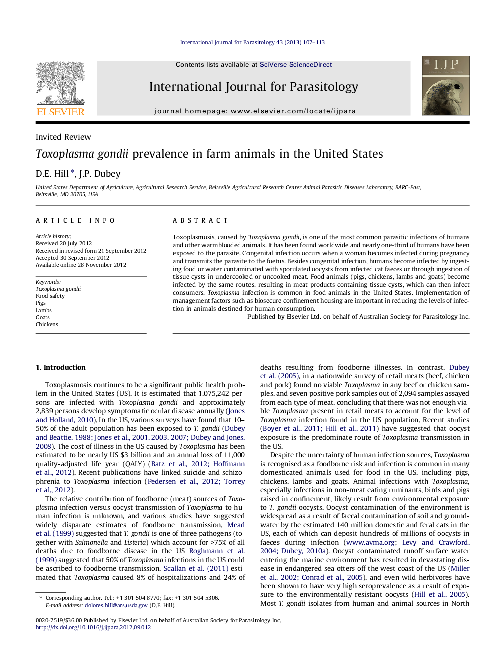 Toxoplasma gondii prevalence in farm animals in the United States