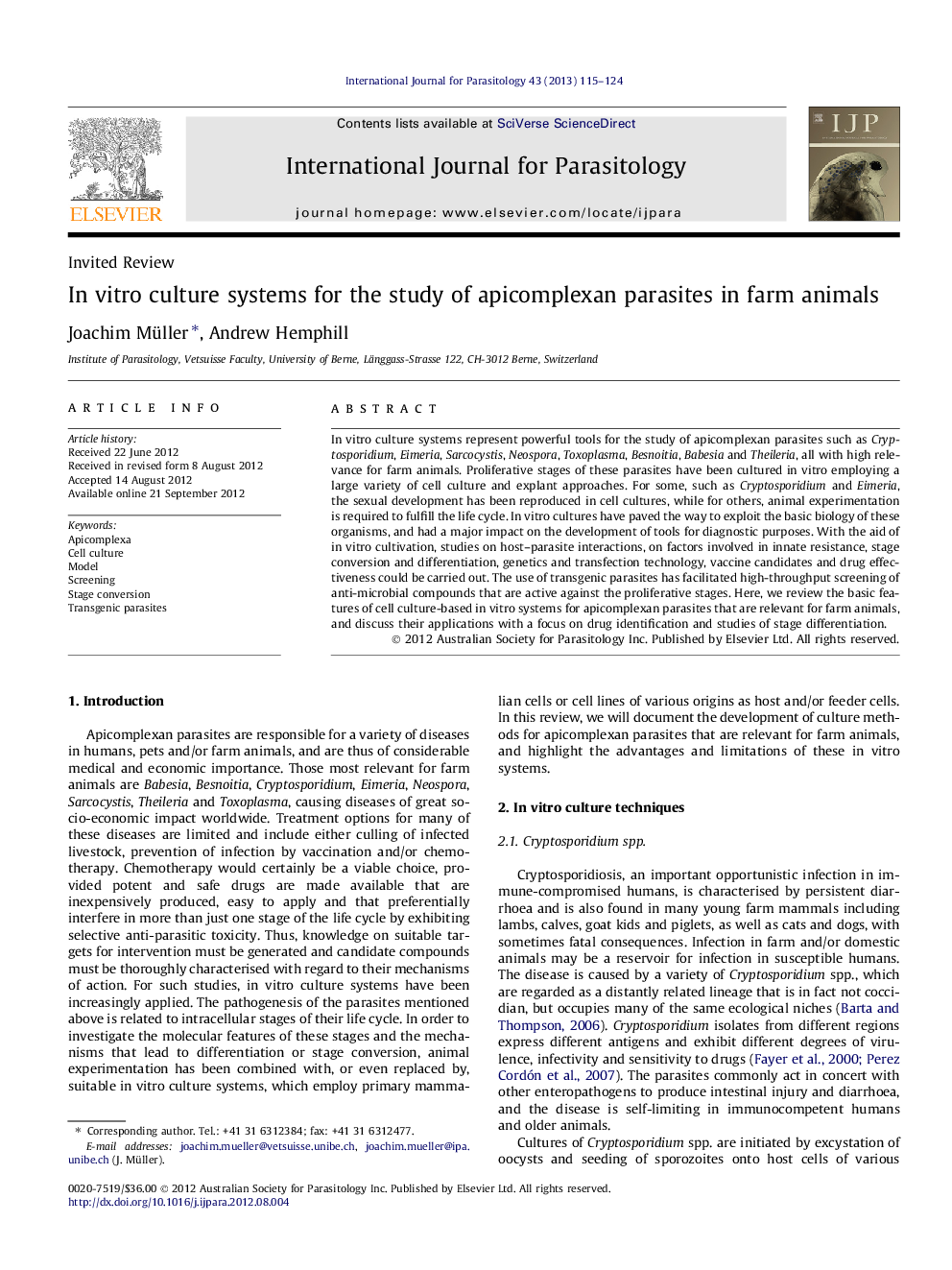 In vitro culture systems for the study of apicomplexan parasites in farm animals