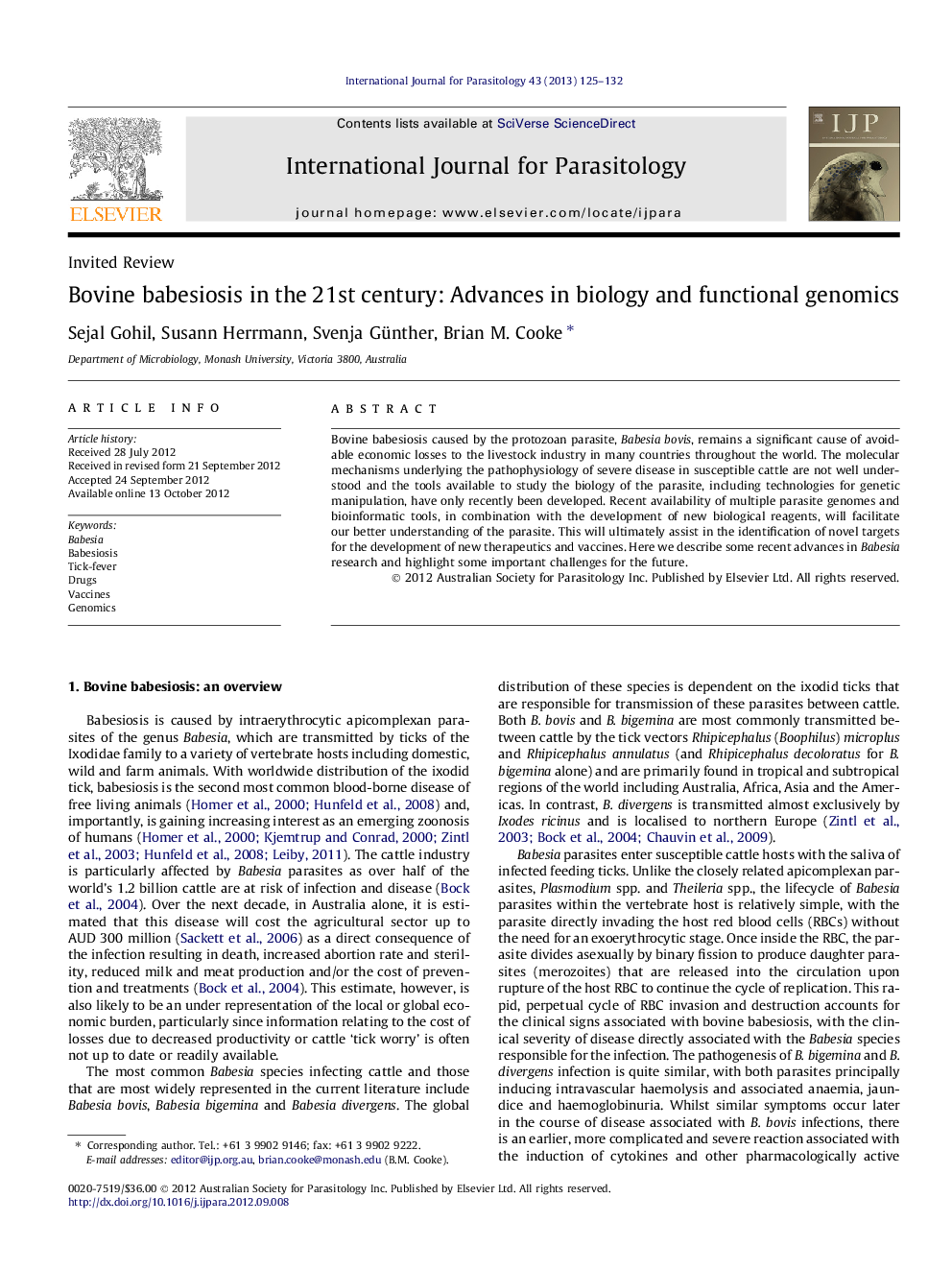 Bovine babesiosis in the 21st century: Advances in biology and functional genomics