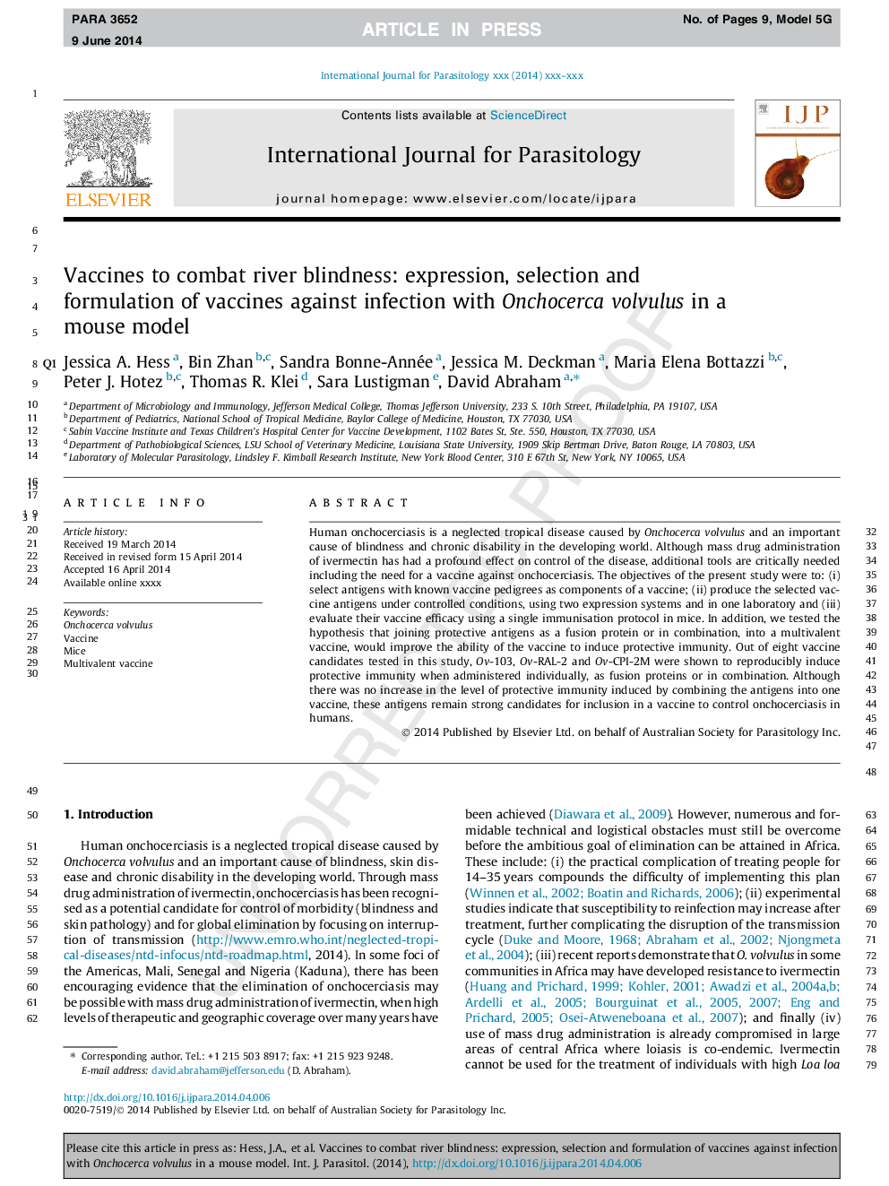 Vaccines to combat river blindness: expression, selection and formulation of vaccines against infection with Onchocerca volvulus in a mouse model