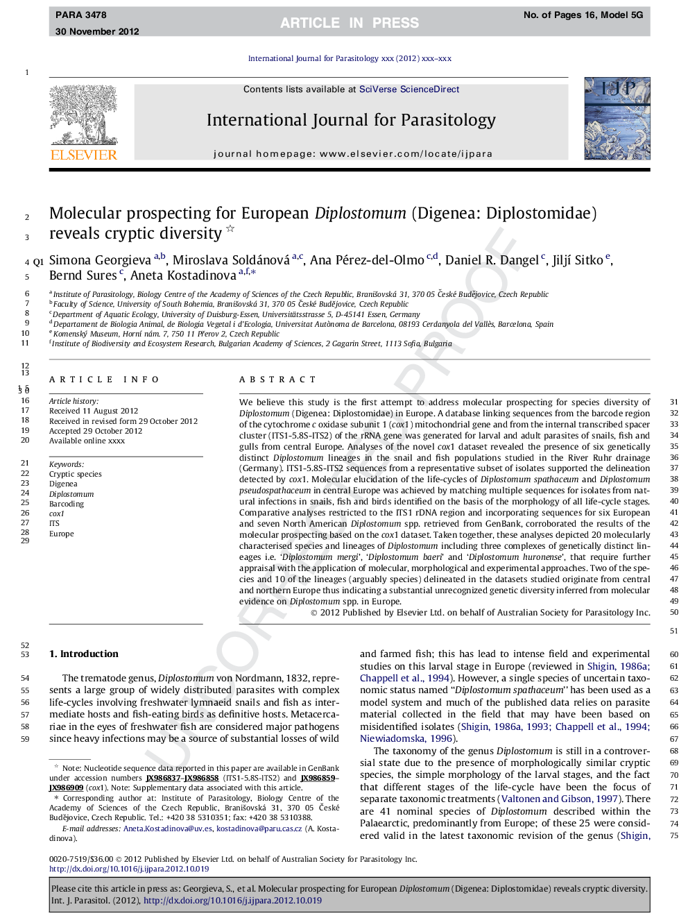 Molecular prospecting for European Diplostomum (Digenea: Diplostomidae) reveals cryptic diversity