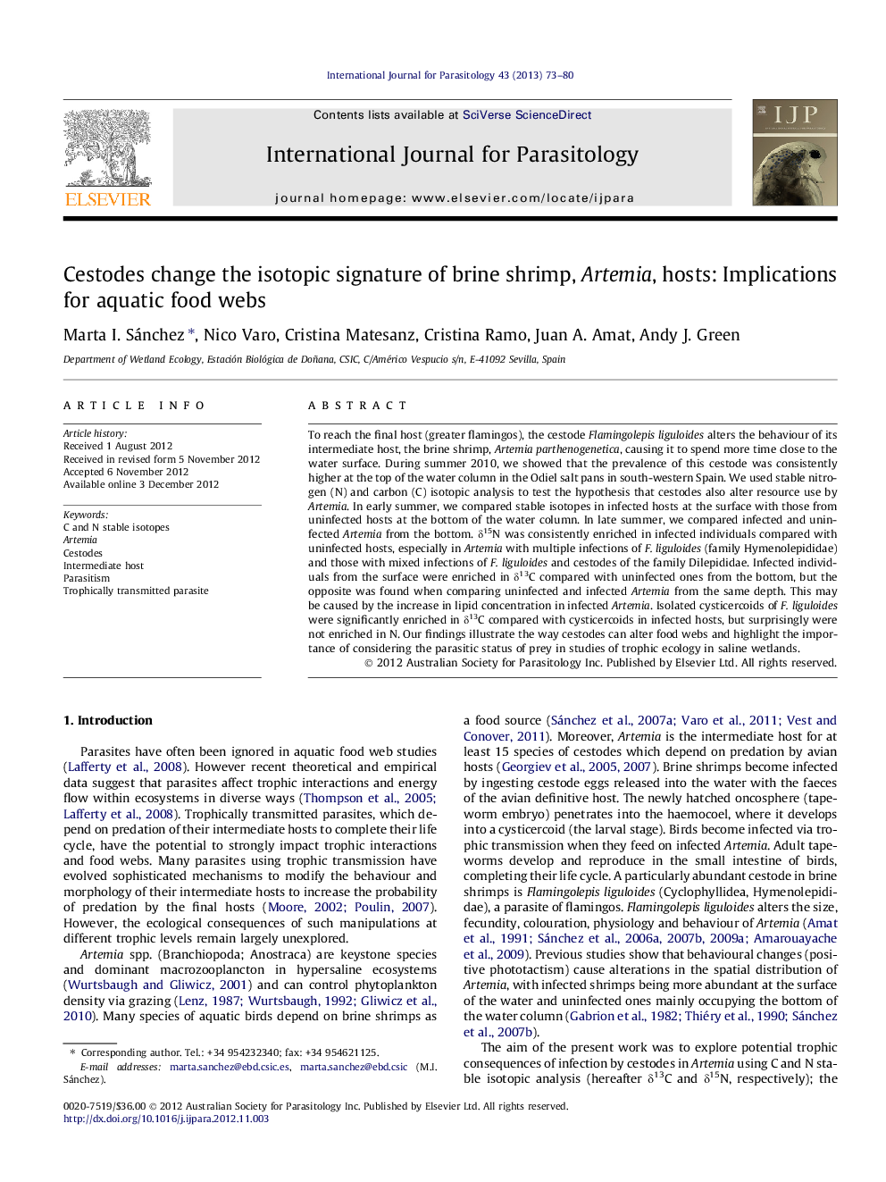 Cestodes change the isotopic signature of brine shrimp, Artemia, hosts: Implications for aquatic food webs