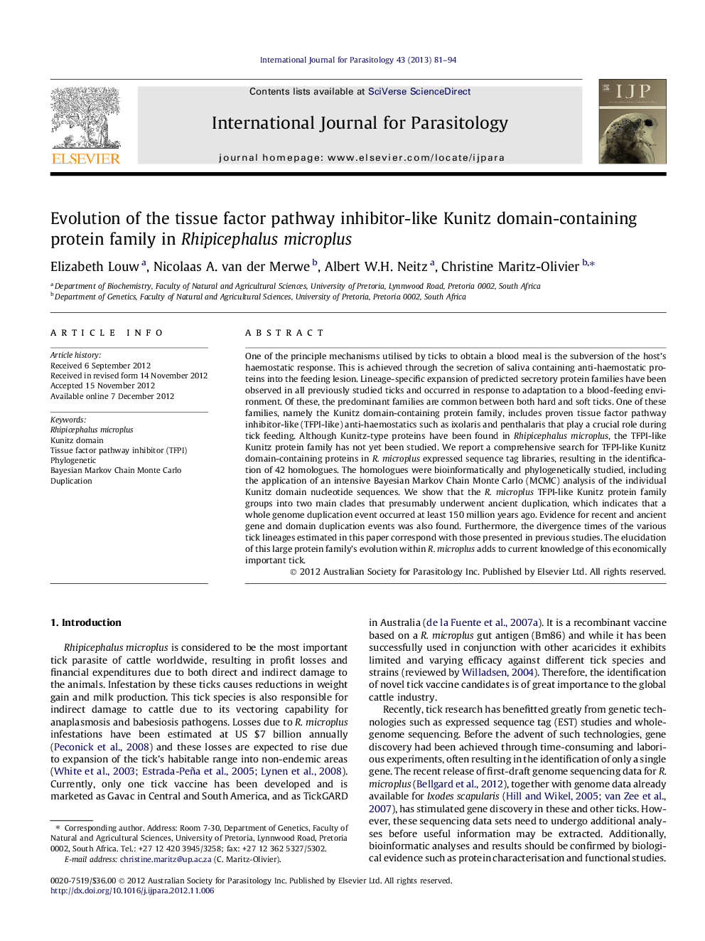 Evolution of the tissue factor pathway inhibitor-like Kunitz domain-containing protein family in Rhipicephalus microplus