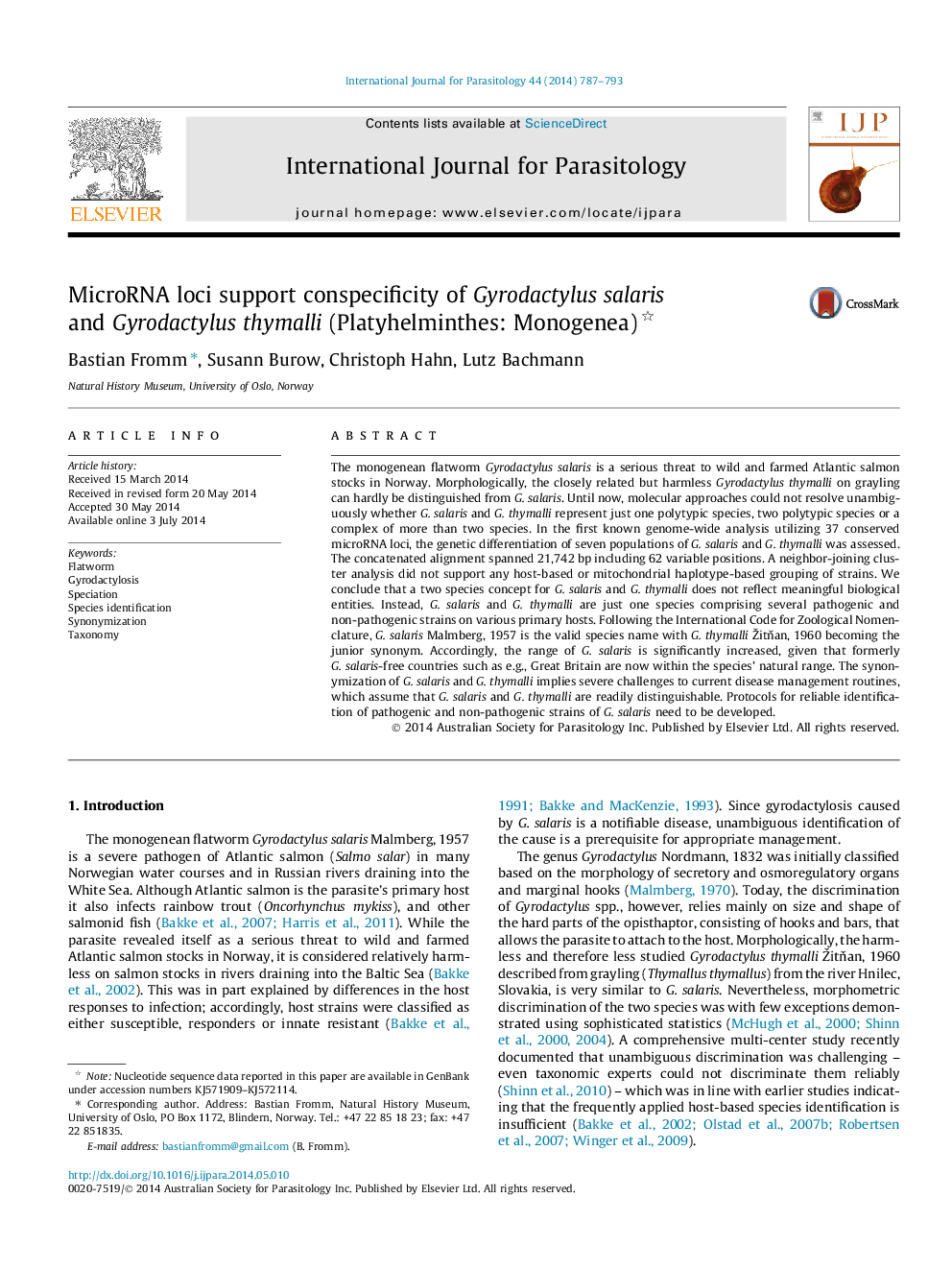 MicroRNA loci support conspecificity of Gyrodactylus salaris and Gyrodactylus thymalli (Platyhelminthes: Monogenea)