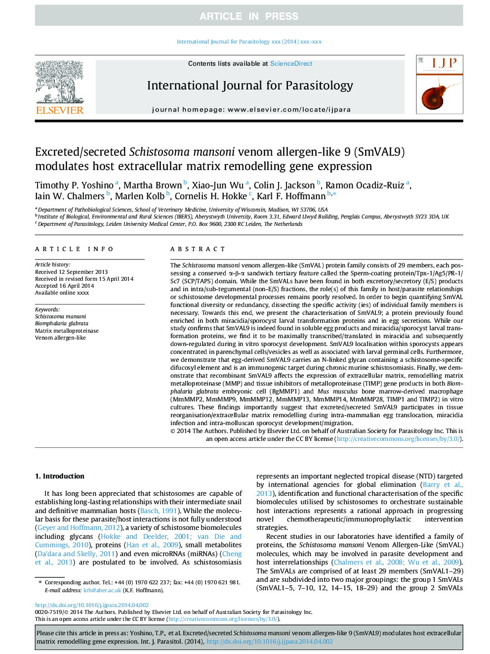 Excreted/secreted Schistosoma mansoni venom allergen-like 9 (SmVAL9) modulates host extracellular matrix remodelling gene expression