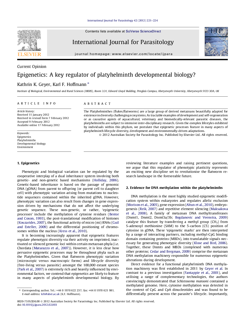 Epigenetics: A key regulator of platyhelminth developmental biology?