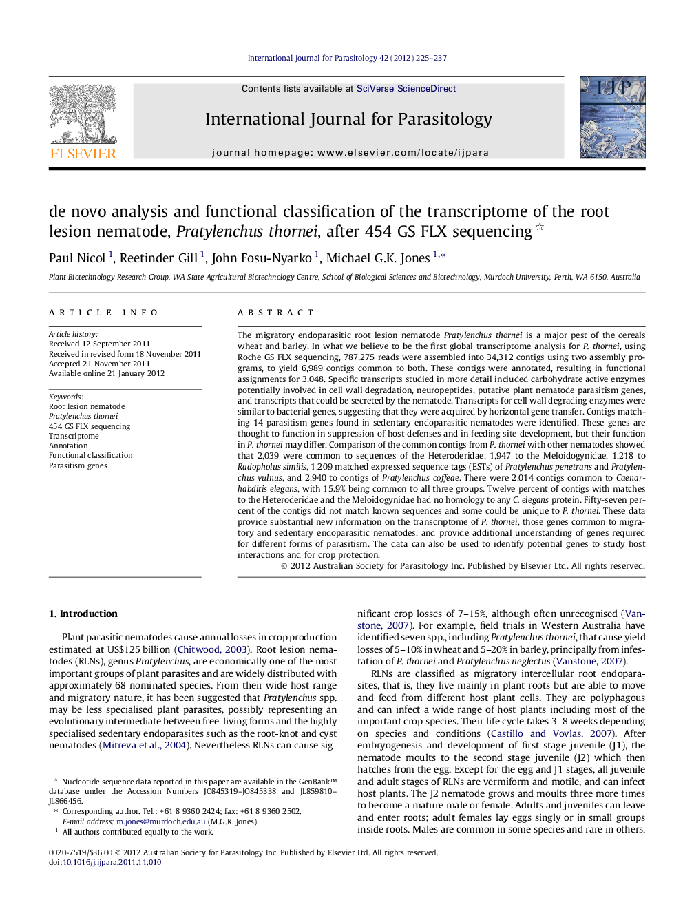 de novo analysis and functional classification of the transcriptome of the root lesion nematode, Pratylenchus thornei, after 454 GS FLX sequencing