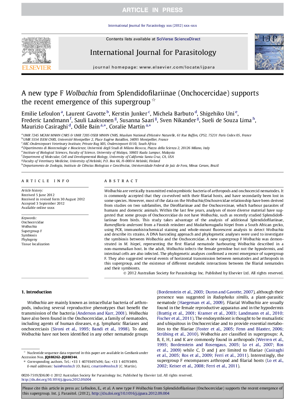 A new type F Wolbachia from Splendidofilariinae (Onchocercidae) supports the recent emergence of this supergroup