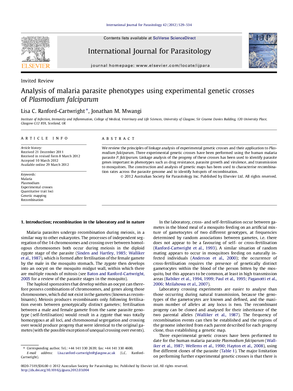 Analysis of malaria parasite phenotypes using experimental genetic crosses of Plasmodium falciparum