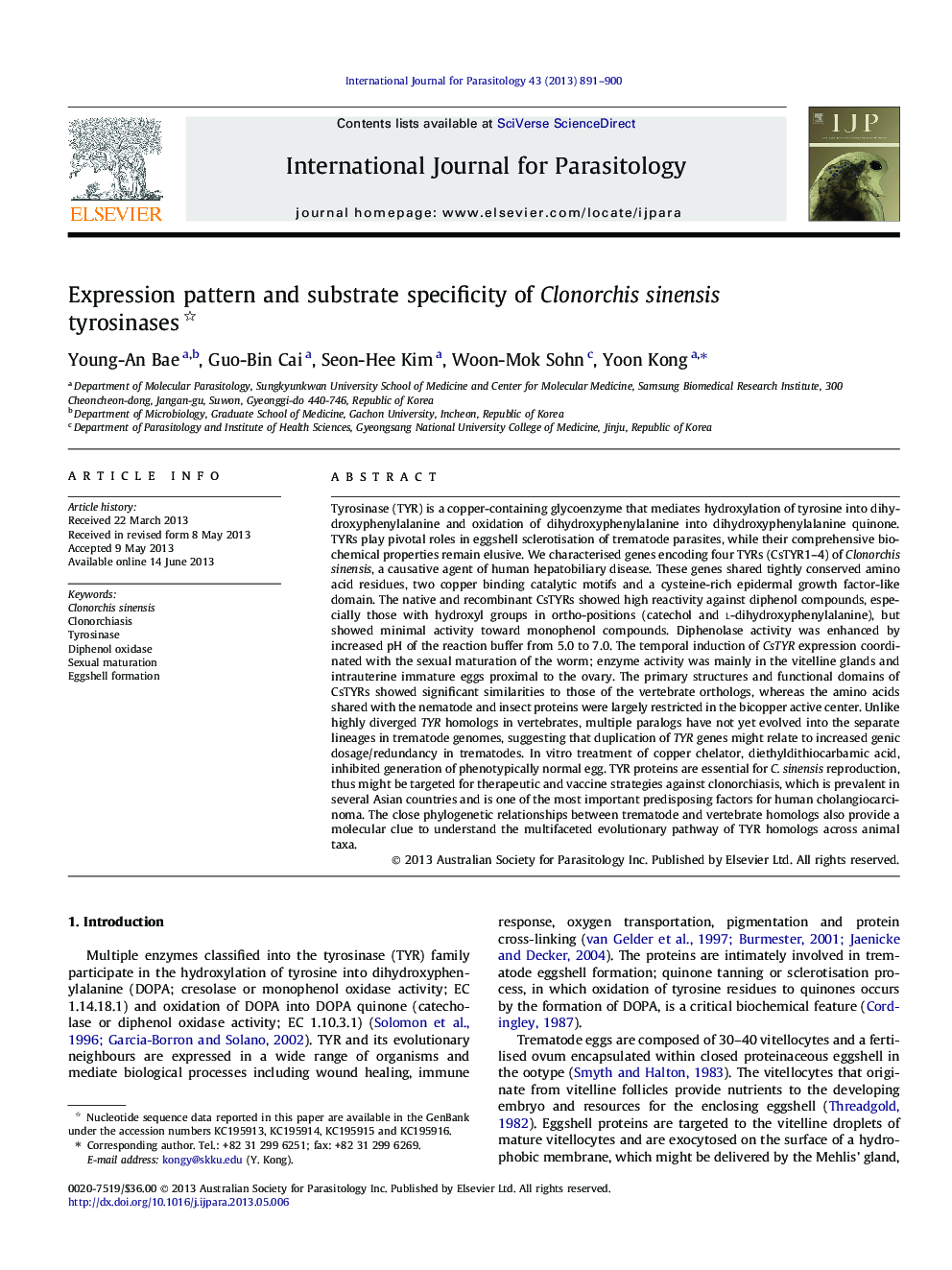 Expression pattern and substrate specificity of Clonorchis sinensis tyrosinases