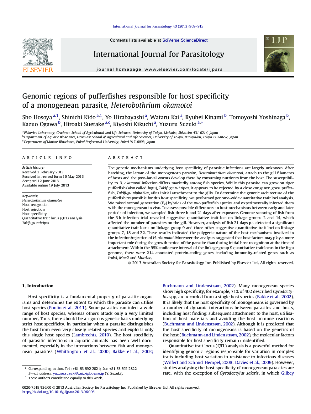 Genomic regions of pufferfishes responsible for host specificity of a monogenean parasite, Heterobothrium okamotoi