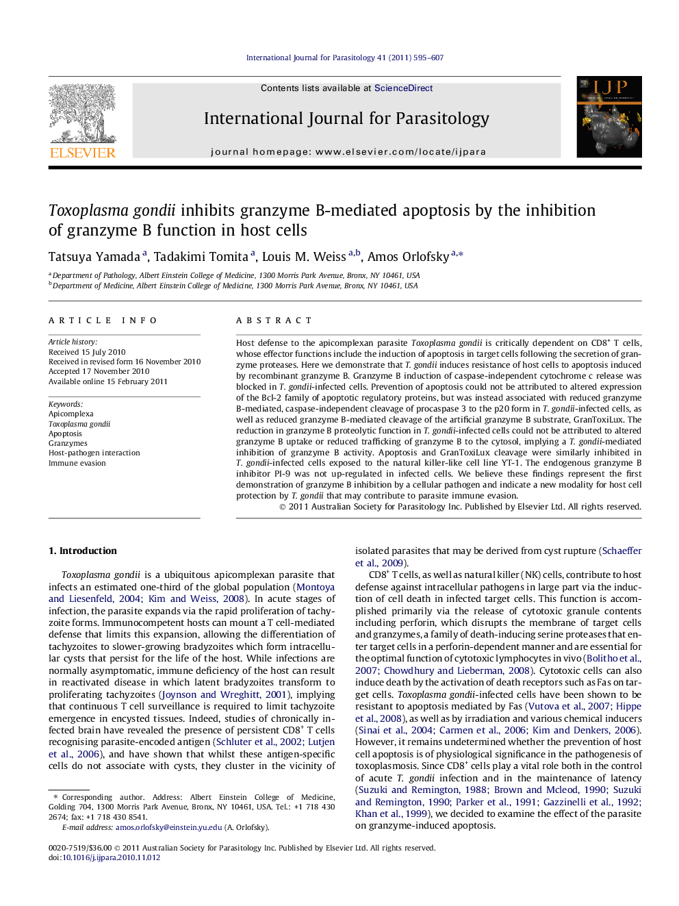 Toxoplasma gondii inhibits granzyme B-mediated apoptosis by the inhibition of granzyme B function in host cells