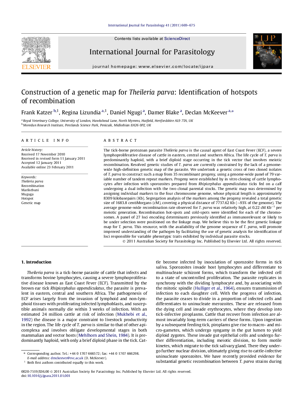 Construction of a genetic map for Theileria parva: Identification of hotspots of recombination