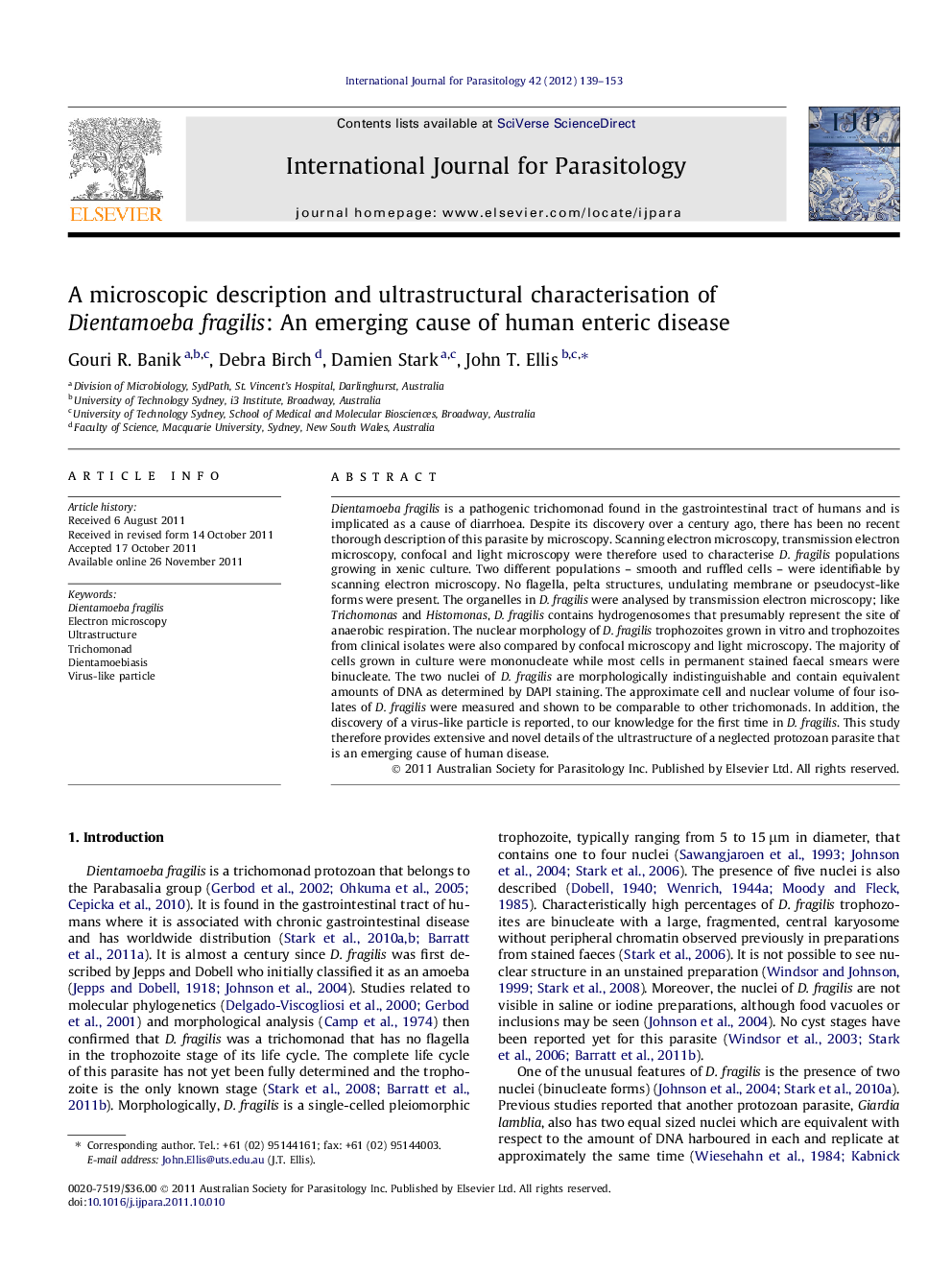 A microscopic description and ultrastructural characterisation of Dientamoeba fragilis: An emerging cause of human enteric disease