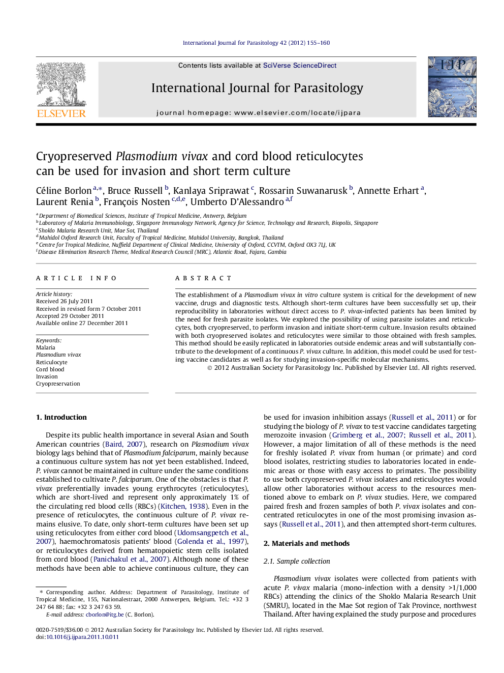 Cryopreserved Plasmodium vivax and cord blood reticulocytes can be used for invasion and short term culture